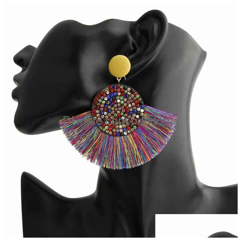 bohemian luxury crystal fan-shaped drop earrings for women exaggerated large geometric tassel pendant dangler handmade woman`s jewelry