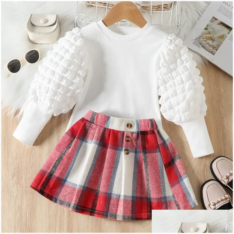 New girls` skirt two piece set designer kids clothes bubble sleeve top woven plaid kirt shorts set European and American style childrens