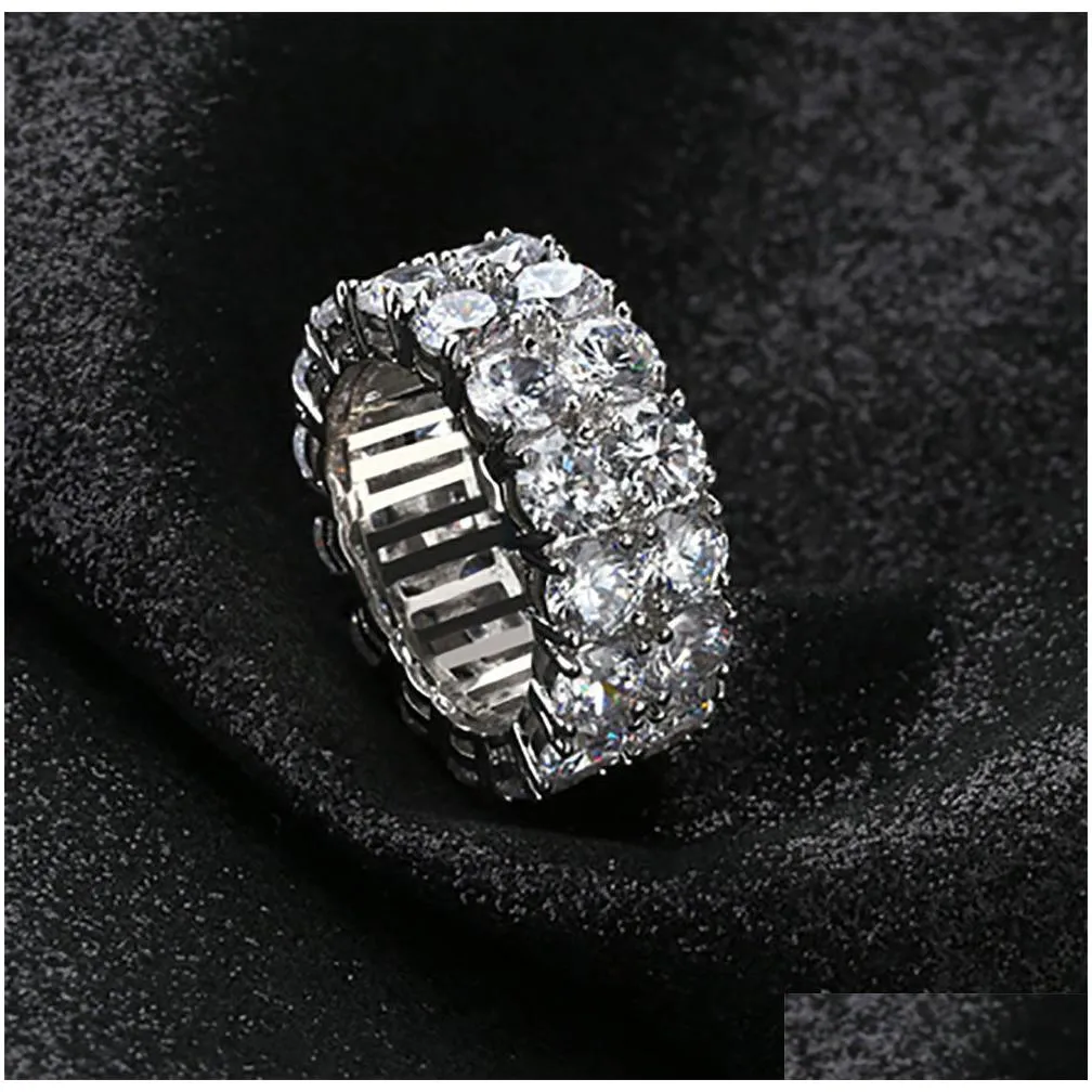 iced 2 row 360 eternity gold bling rings micro pave cubic zirconia 14k gold plated simulated diamonds hip hop ring for men women