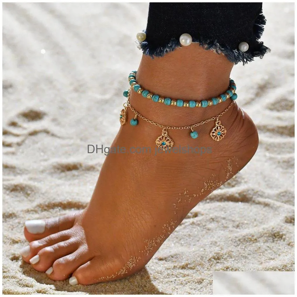 bohemian shell heart summer anklets set for women tortoise ankle bracelets girls barefoot on leg chain female jewelry gift