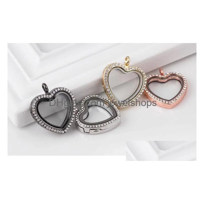 hot sale heart memory opening magnetic lockets white crystal 30mm floating glass pendant charms without chains for necklaces jewelry