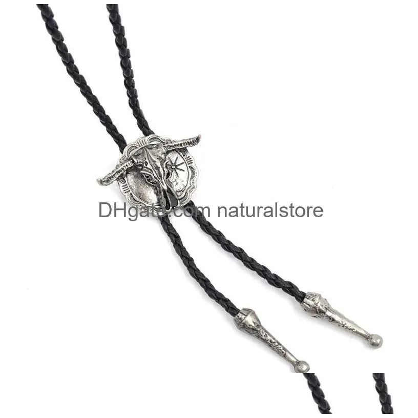 fashion western bull head bolo tie polo necklace retro alloy sweater chain black long necklace ornaments