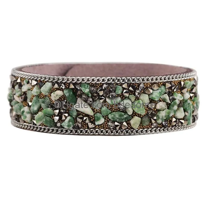 korean gravel velvet bangle multi color natural crystal stone wide leather wristbands bracelets for women female fashion jewelry hot