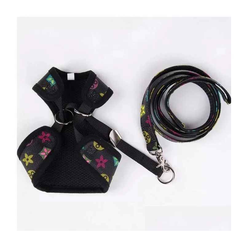  pet chest and back leashes leather dog harness leash set out walking dogs cats flower lead fashion pets supplies