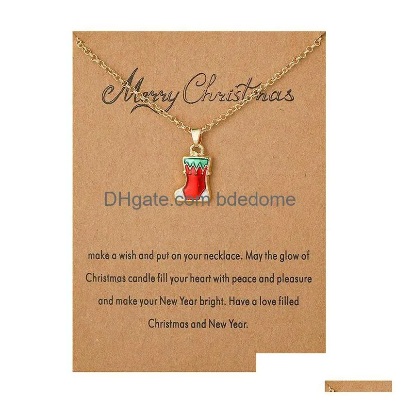 2020 merry christmas necklace with gift card santa claus tree sock snowman pendant gold chains for women girls party jewelry