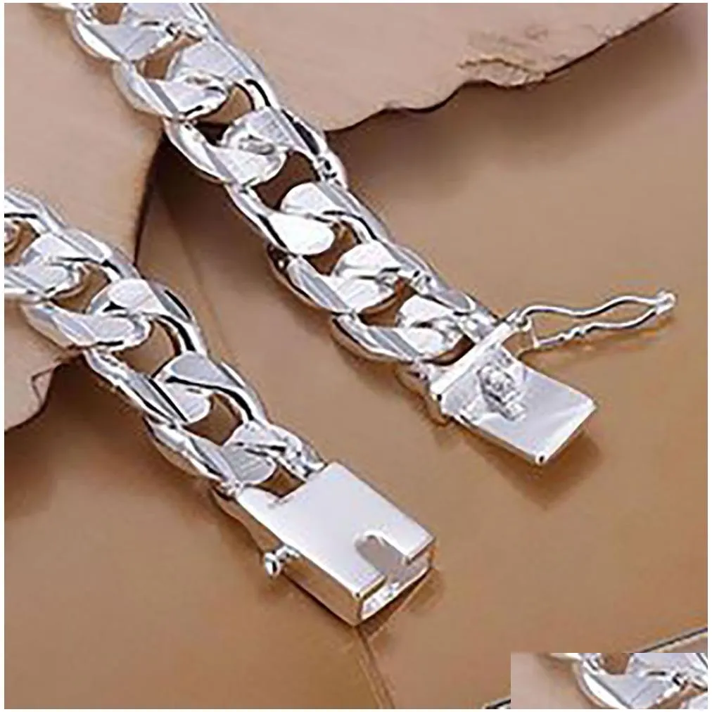 wholesale 925 sterling silver 10mm charm chains 8`` bracelet bangle wedding party gift box fashion jewelry square lock bracelets