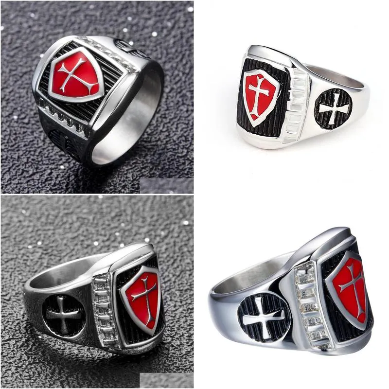 red lodge enamel knights templar emblem masonic cross rings wholesale 316 stainless steel men`s women shield design retro jewelry