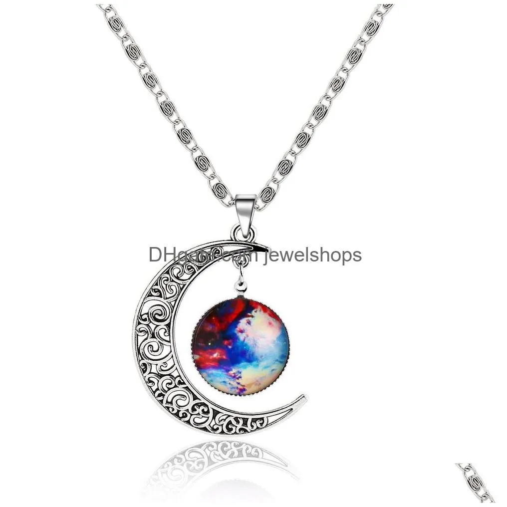 fashion galaxy planet pendant necklaces moon cabochons glass world starry space moonstone charms necklace for women`s choker jewelry