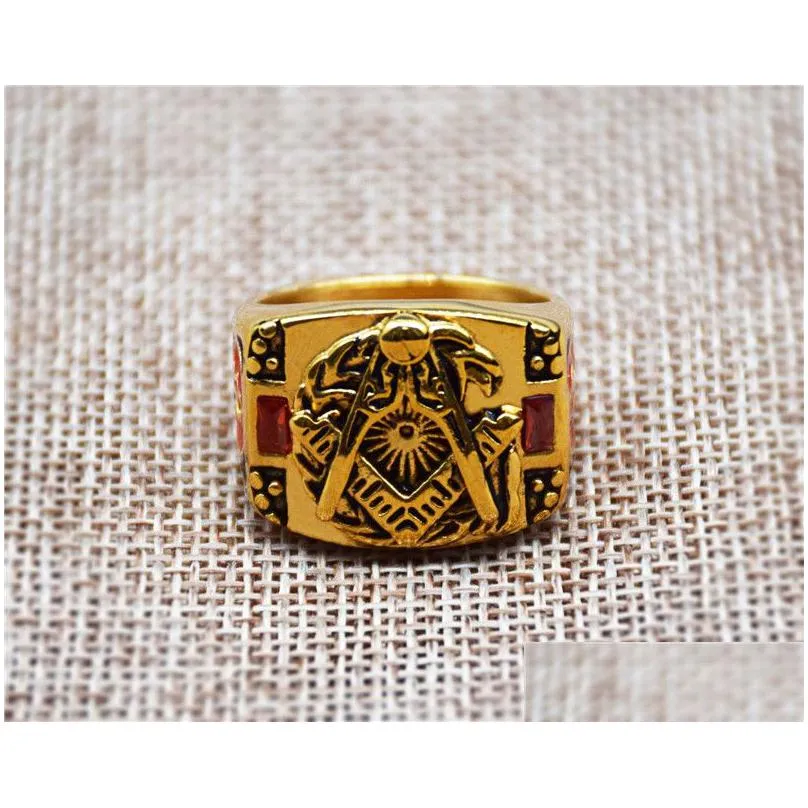 18k gold plating unique design ring 316 stainless steel men`s ring freemason jewel items masonic regalia rings with red stone and