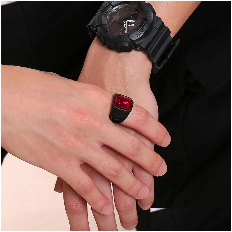 fashion stainless steel trendy men`s punk gothic biker ring red square ruby stone black rings jewelry with glass stones