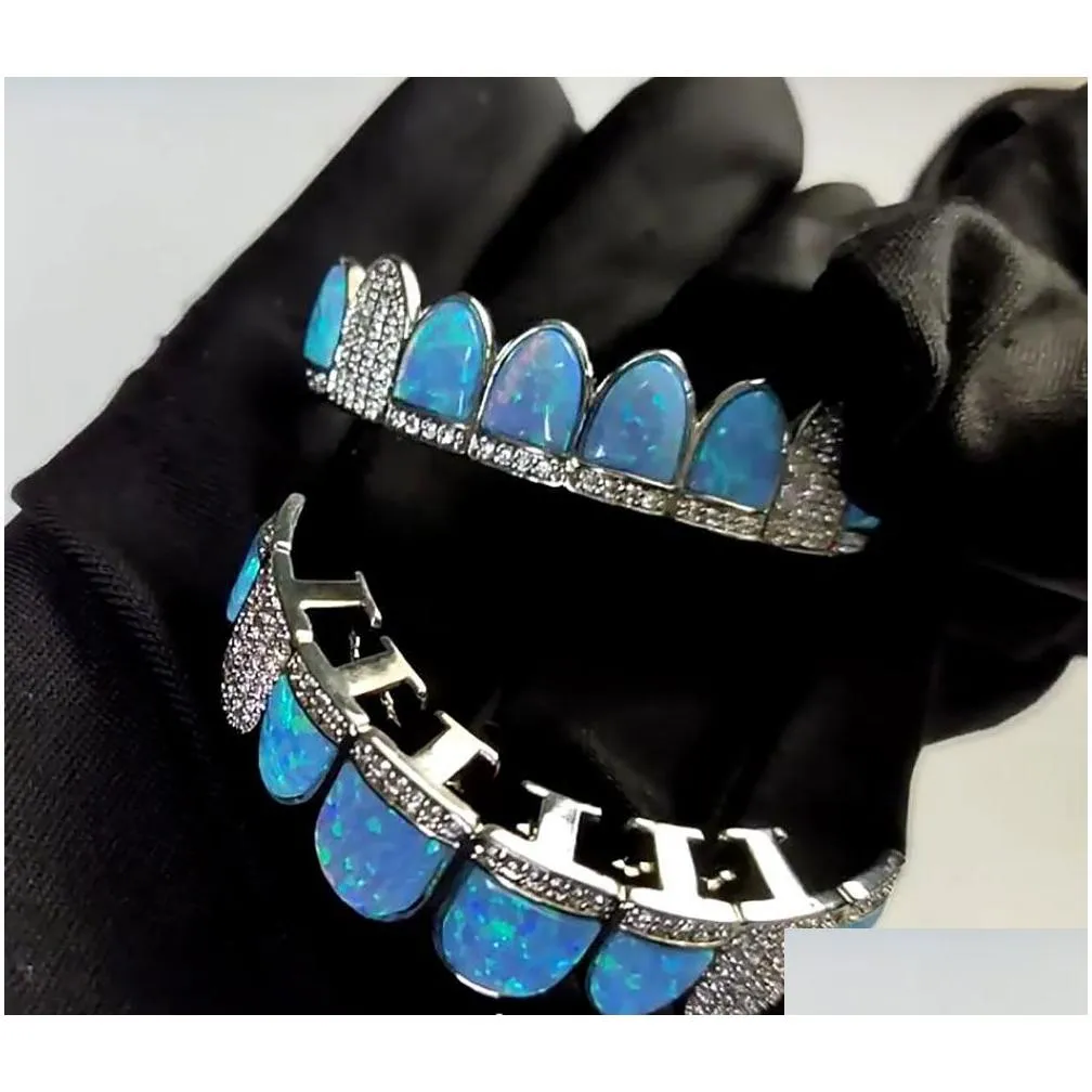 14k cz vampire teeth grillz iced out micro pave cubic zircon blue opal 8 tooth hip hop grill top bottom mouth grills set with silicon molding