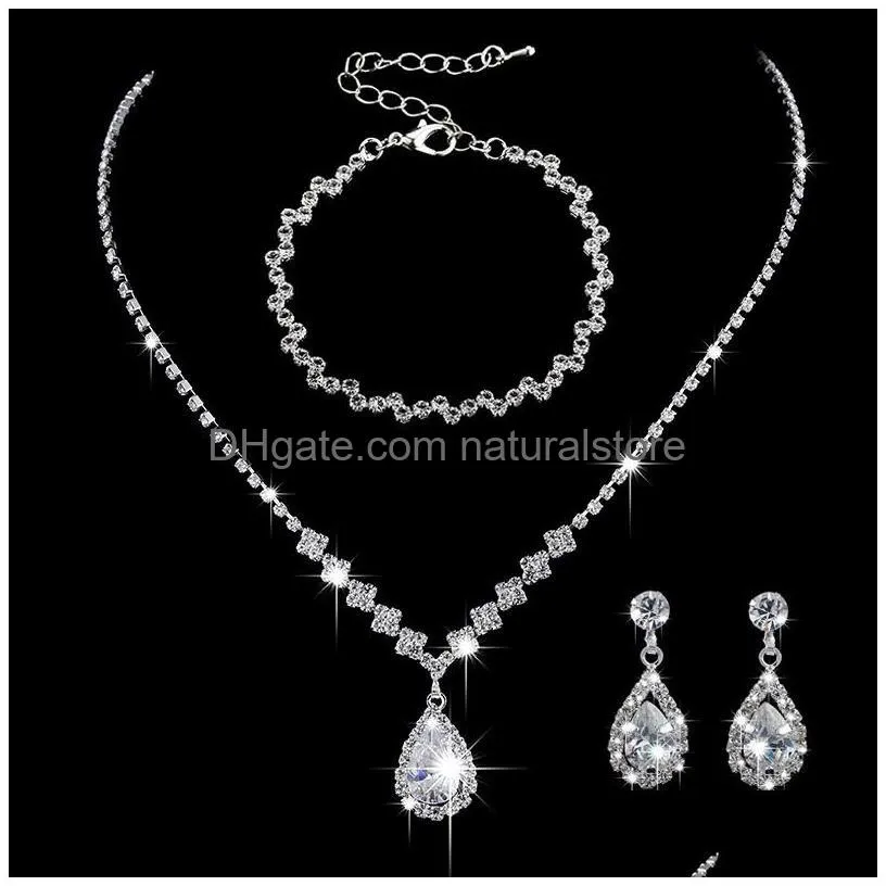 fashion women crystal bride necklace earring jewelry set rhinestone silver-plated wedding dress banquet ladies gift