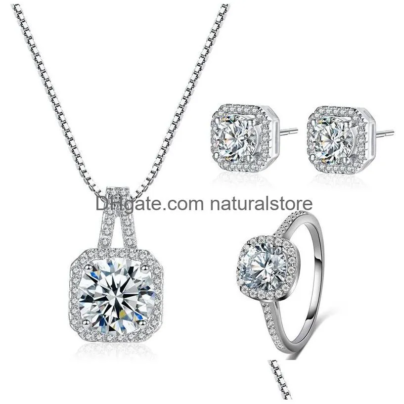 fashion blue crystal stone wedding earrings necklace jewelry set brides silver color suit for women