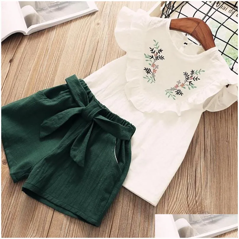 Clothing Sets Kids Summer Sleeveless Floral Print T-shirt+Pure Color Shorts 2Pcs For Girls Baby Clothes Outfits