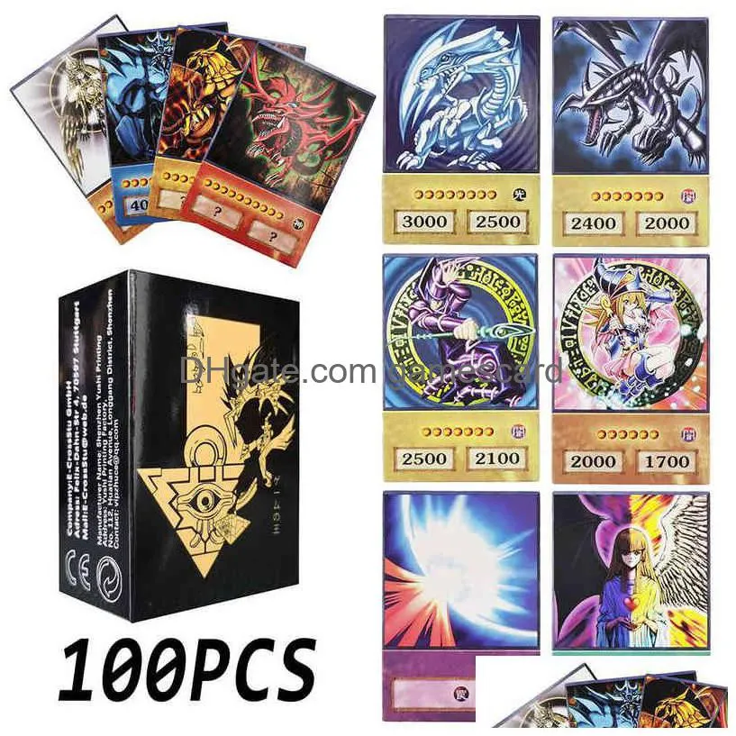 100pcs yu-gi-oh anime style cards blue eyes dark magician exodia obelisk slifer ra yugioh dm classic proxy diy card kids gift g220311