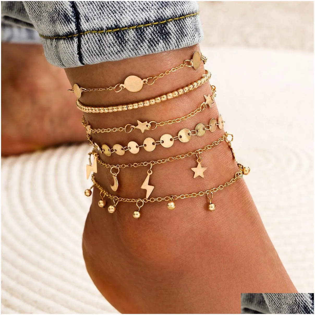 6pcs Set Simple Lightning Moon Five-pointed Star Anklet Water Drop Tassel Handmade Foot Ornaments Anklets for Women`s Jewelry Gifts