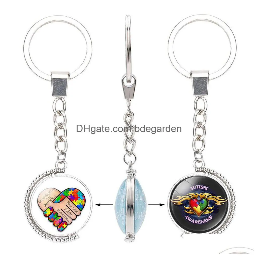 fashion kids autism awareness double sided keychains for children boys girls glass cabochon key chains inspirational jewelry