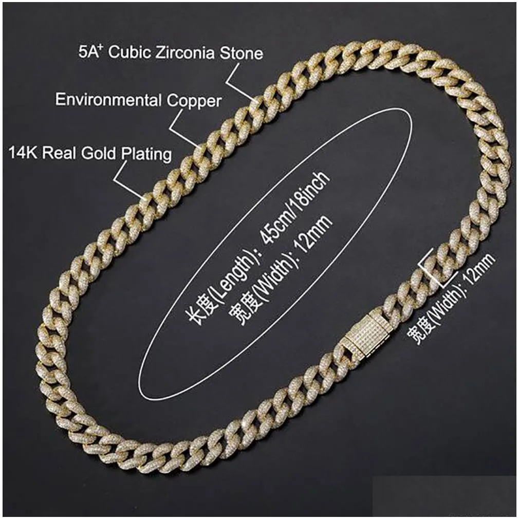 men`s 12mm  cuban bubble link chain necklace&bracelets ice out 14k gold diamond cubic zirconia fill real icy choker 7-22inch