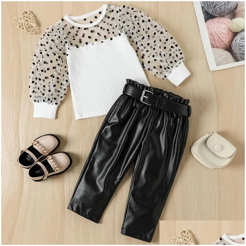 New baby girl clothes two piece set Dot designer kids clothing Spring and Autumn childrens Mesh Puff Sleeve Top and PU Leather trousers
