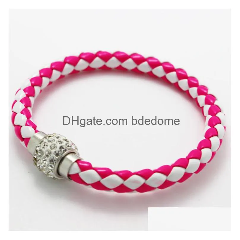 2016 new braided bracelets pu leather magnetic button bracelet cz disco crystal bead bangle multicolor handcraft gift