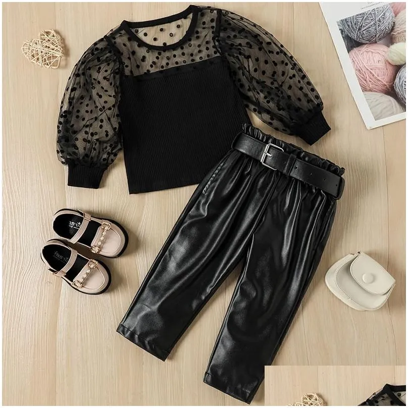 New baby girl clothes two piece set Dot designer kids clothing Spring and Autumn childrens Mesh Puff Sleeve Top and PU Leather trousers