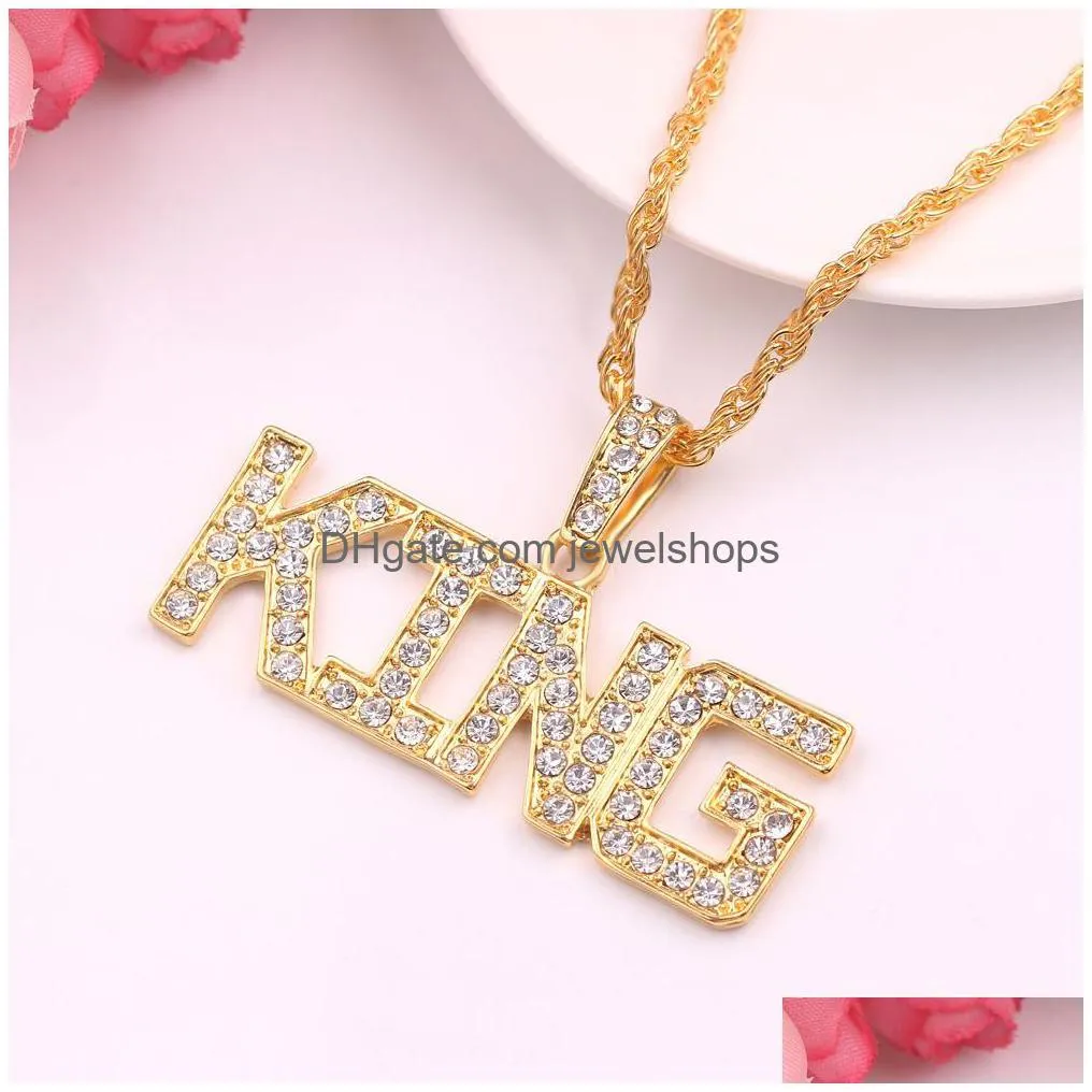 hip hop her king and his queen couple necklaces for women men iced out letter pendant gold chains hiphop rapper jewelry gift