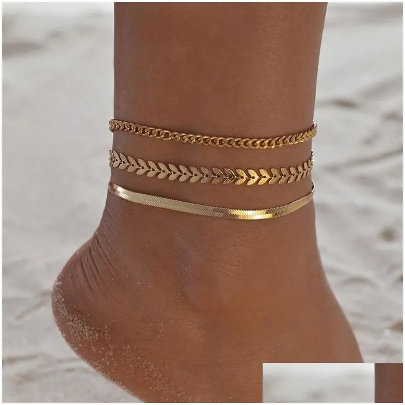 Anklets Gold Ankle Bracelets For Women 14K Waterproof Cuban Link Set Layered Anklet