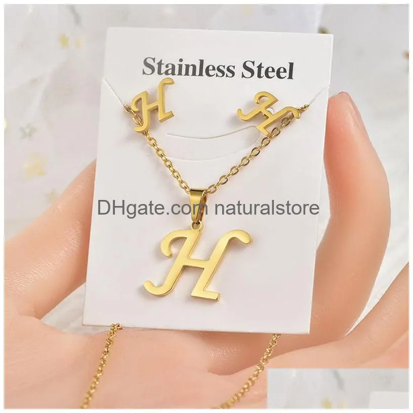 a-z english alphabet stainless steel initial necklace stud earrings jewelry sets alphabet pendant chain letter accessories gifts
