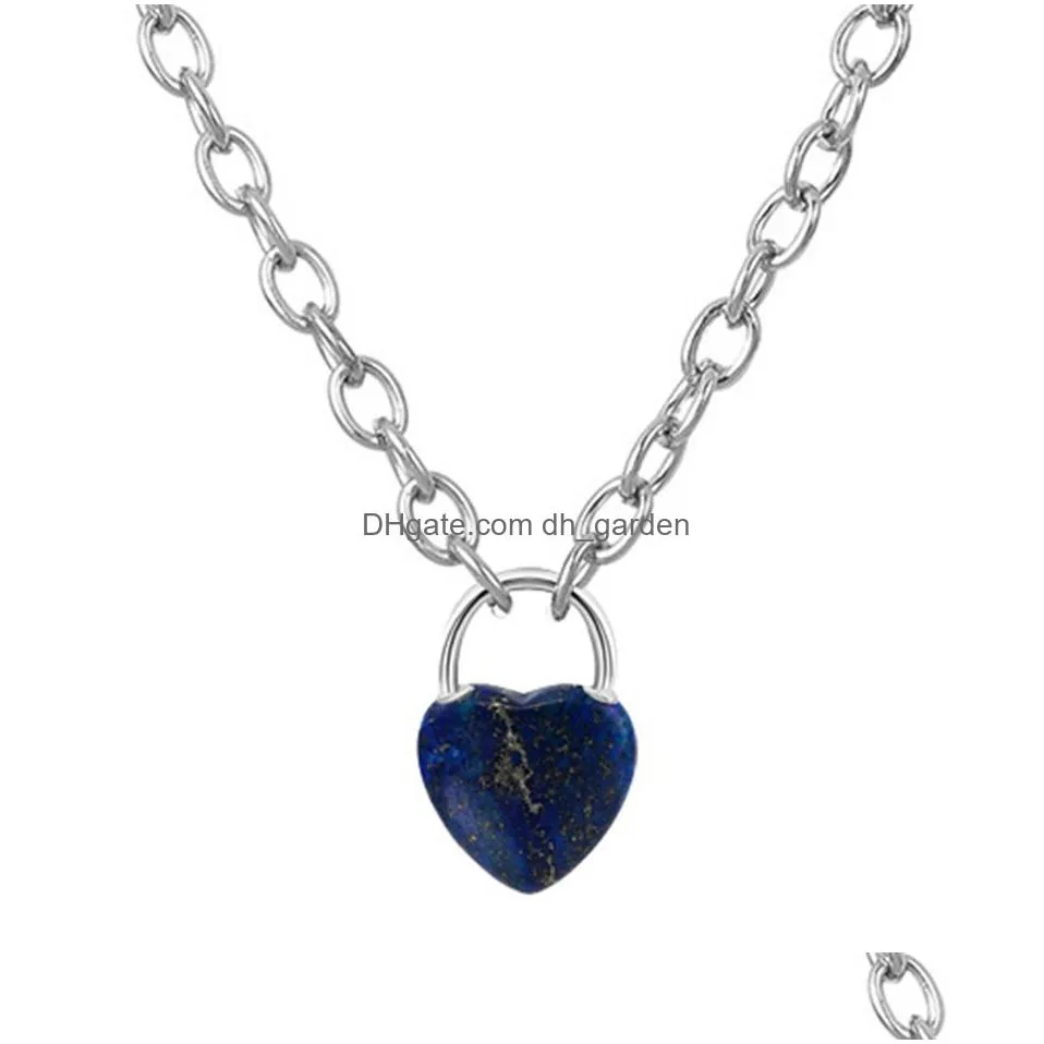 good quality natural crystal gemstone love heart lock charm pendant necklace with alloy chain for men and women