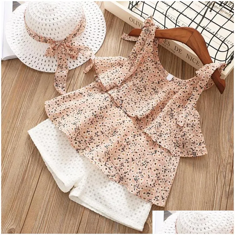 Clothing Sets Kids Summer Sleeveless Floral Print T-shirt+Pure Color Shorts 2Pcs For Girls Baby Clothes Outfits