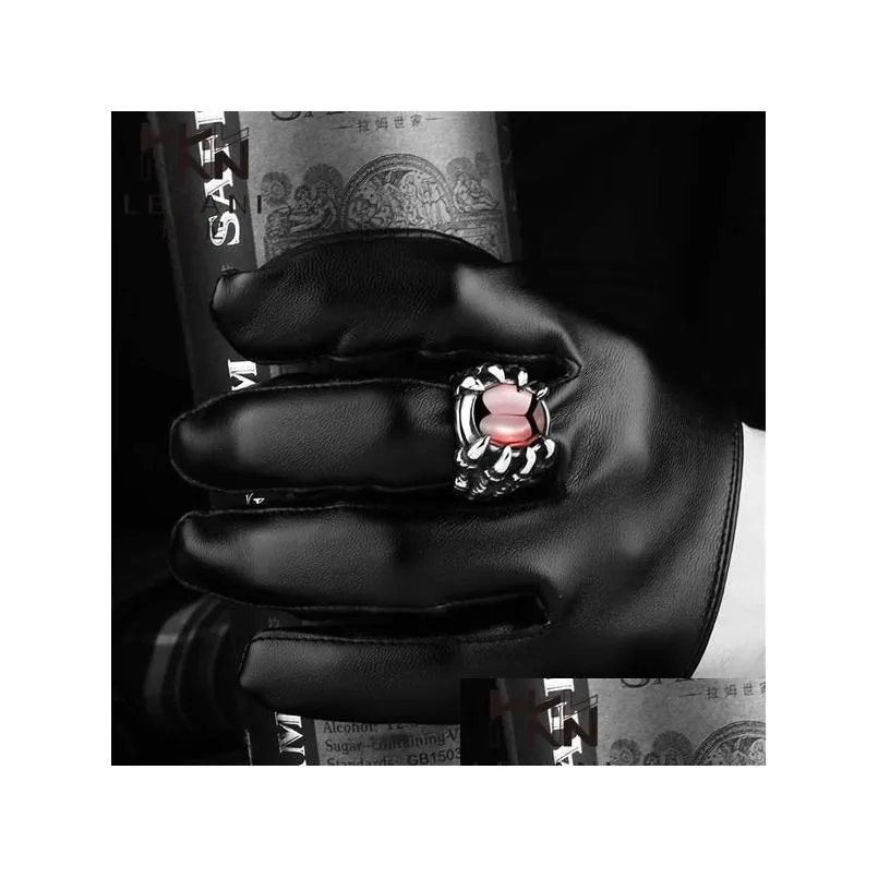 retro fashion 316l stainless steel antique evil eye ring animal claw ring with big ruby stone jewelry for men