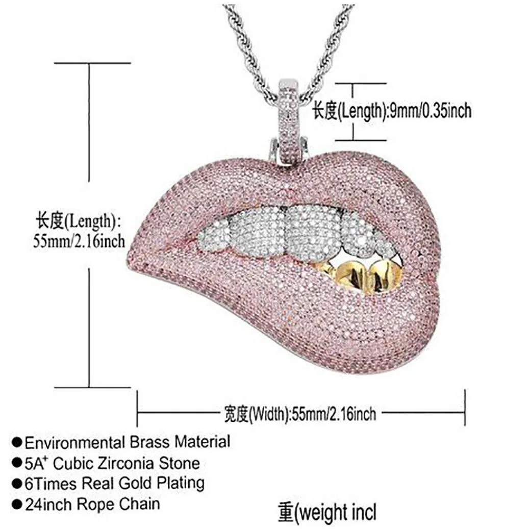 mens women iced out 14k zircon lips pink pendant necklace micro pave bling flashy charm hiphop jewelry whosales