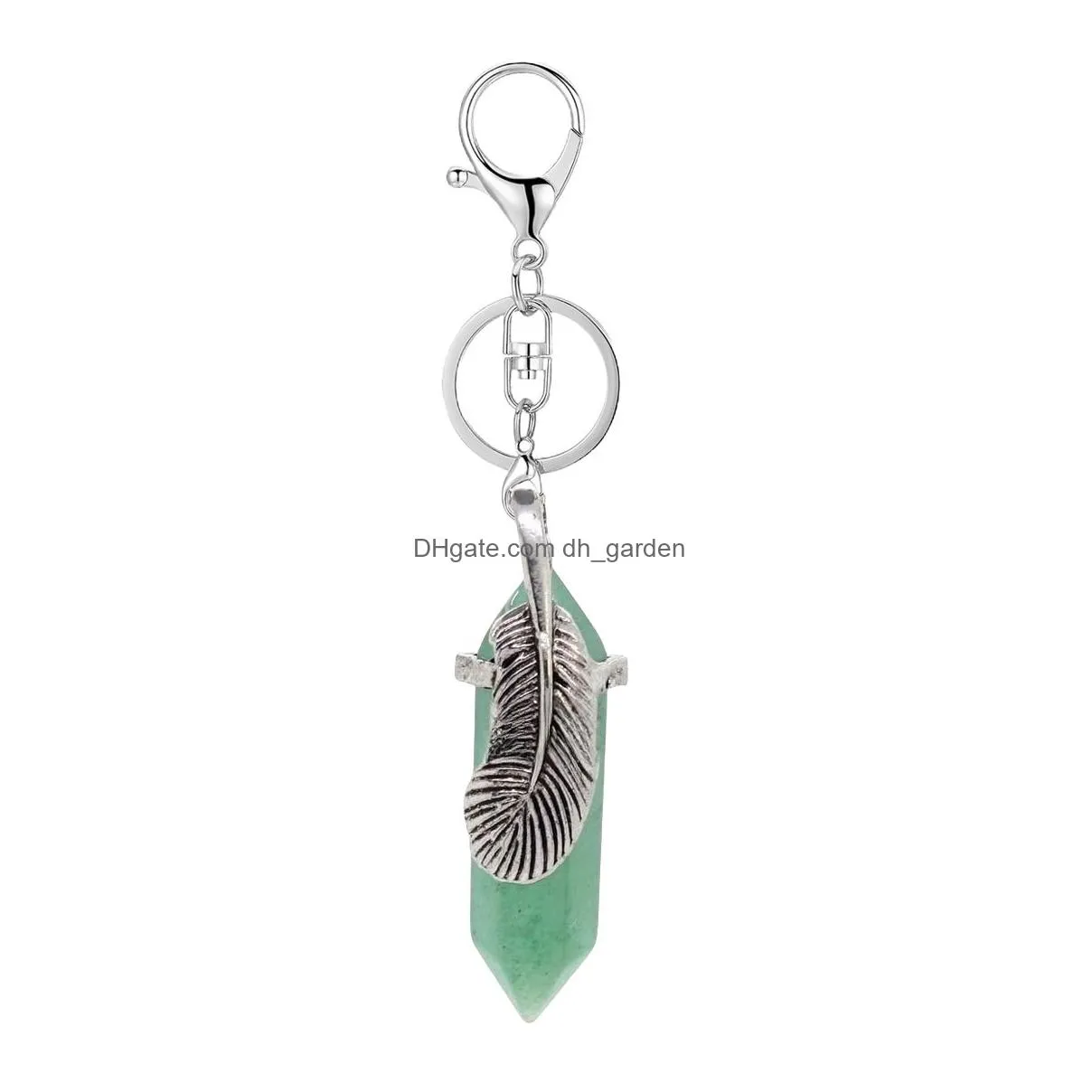 wholesale hexagon point natural stone key ring feather wrapped chakras gemstone pendant keychain