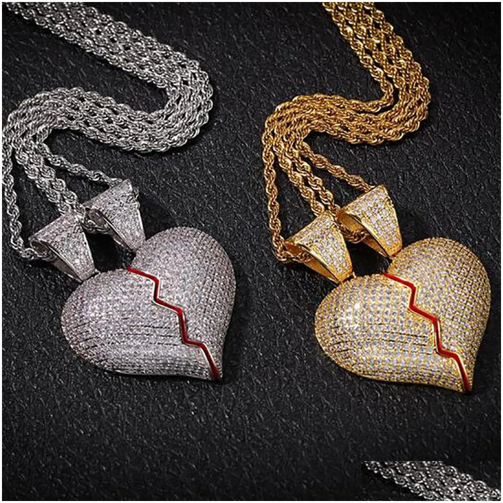 one pair iced out two half heart pendant bling zircon jewelry valentine`s day couple necklace for man women fashion gifts