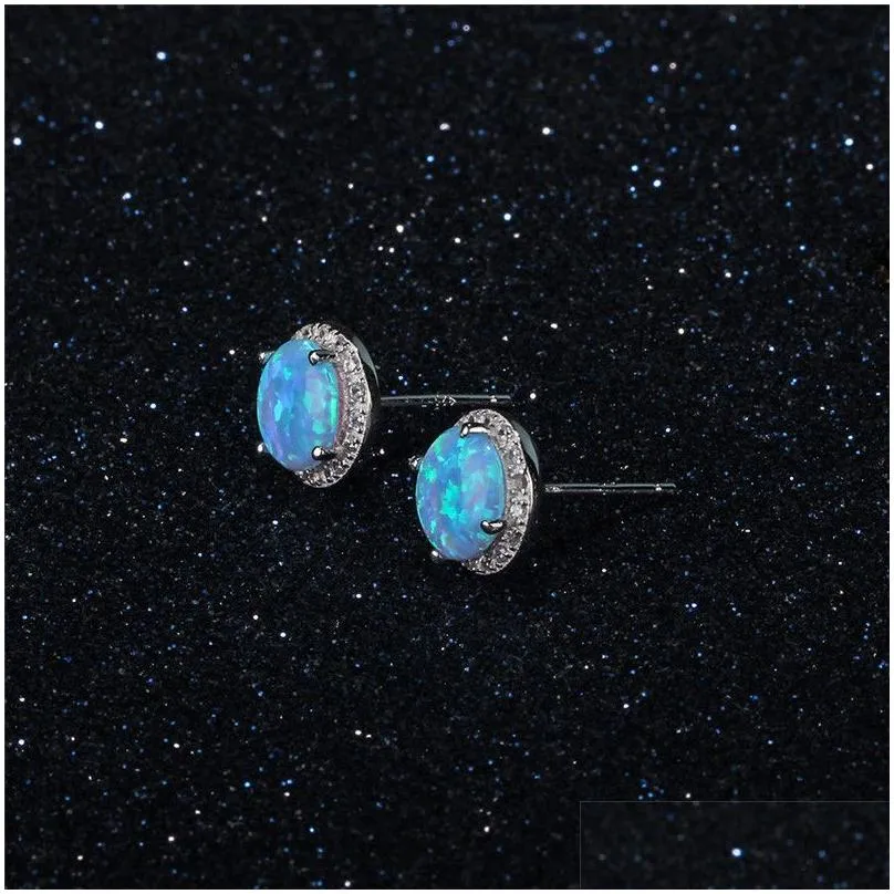 New Simple 925 Sterling Silver Stud Earrings Round Blue Fire Opal Earrings with Cubic Zirconia Wedding Jewelry Gift