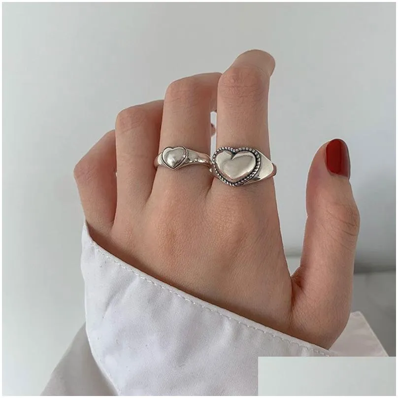 Silver Retro Love Heart Hollow Open Ring Female INS Trend Sweet Sexy Elegant Handmade Hip-hop Fashion Rings