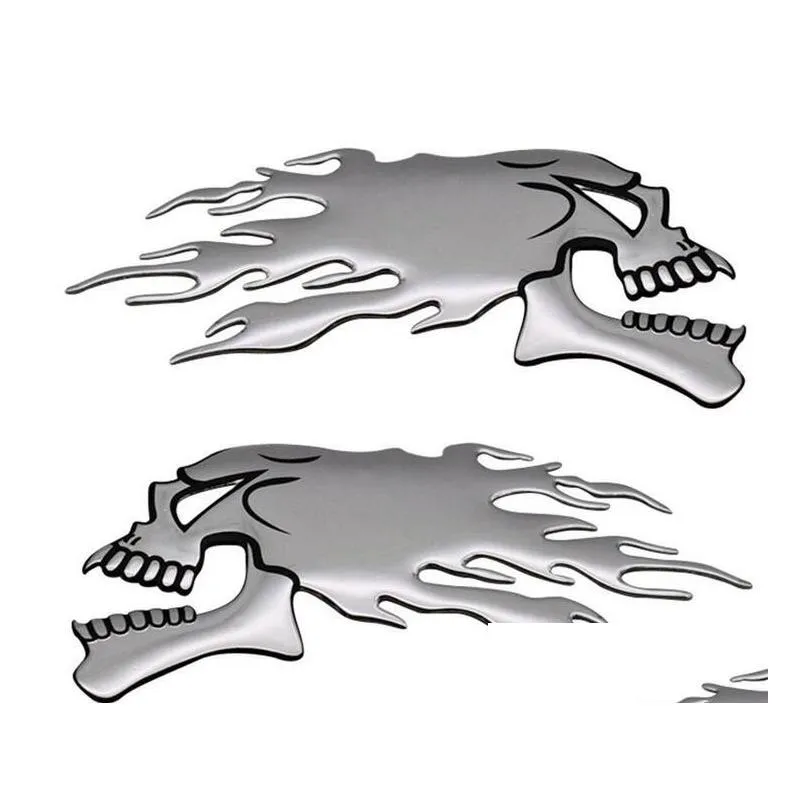 2pcs/pair 3d chrome ghost fire skull head auto motorcycle car sticker emblem decals for haley honda kawasaki suzuki