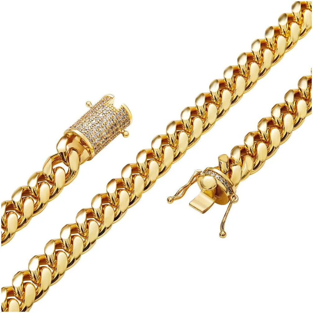 men women cuban link chain hip hop necklace bracelet 18k gold plated double safety clasp w/diamond high polished jewelry sets 10mm