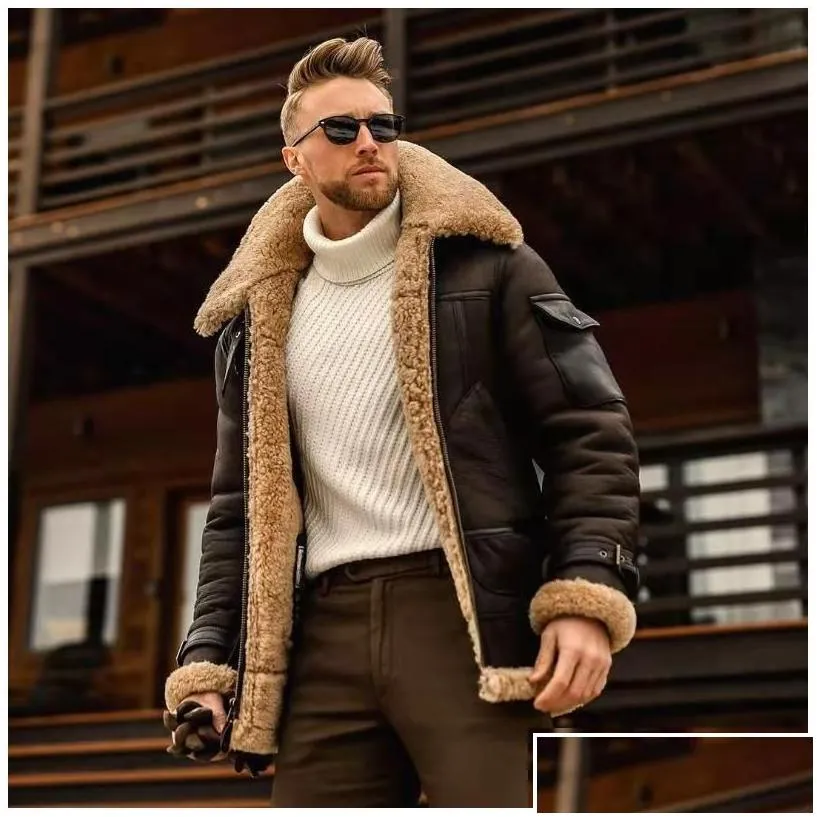 mens jackets mens winter men fleece collar motorcycle jacket one piece of fur casual outdoor thermal leather woolen coat male s-5xl