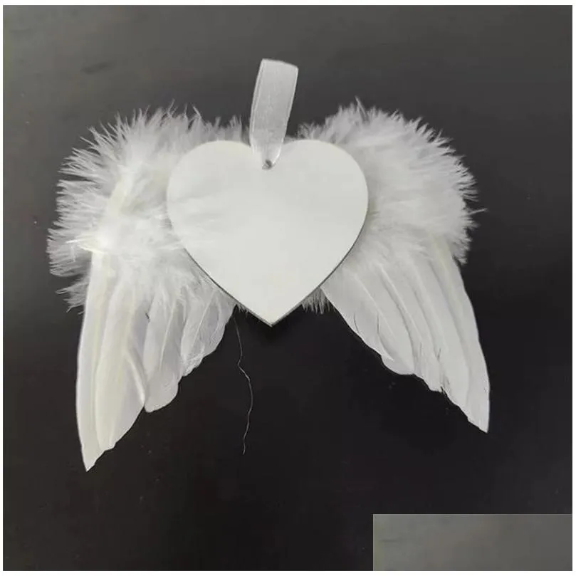 Sublimation Christmas Feather Pendant White Blank MDF Heat Transfer Christmas Decorations 2.8inch Round Heart Double Side For