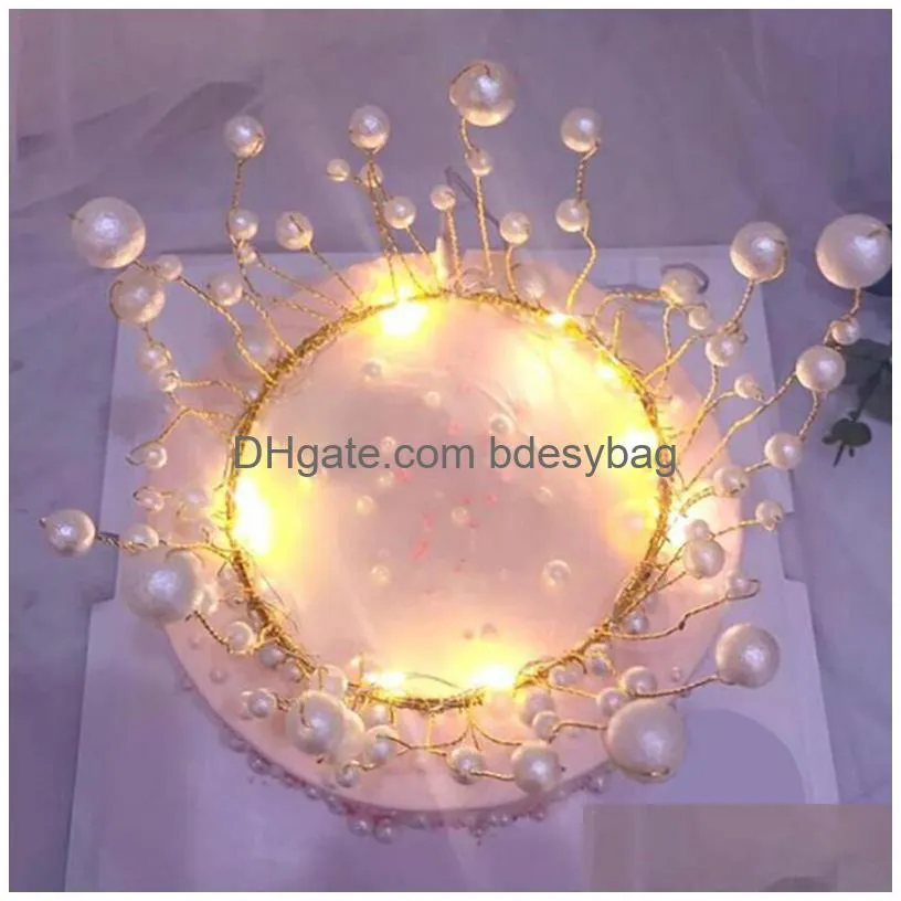 shiny handmade pearl princess crown headdress cake topper wedding bride and groom happy birthday hat decoration