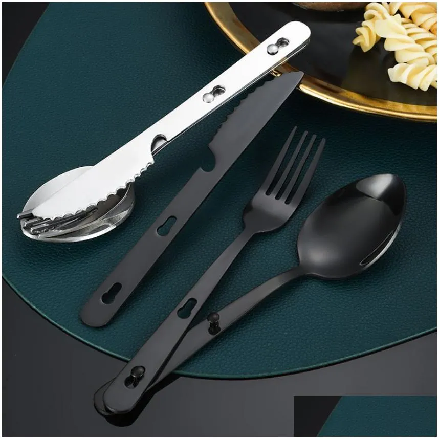3pcs/set Combination Spoon Fork Knife Cutlery Set Stainless Steel Multifunction Lock Catch Outdoor Sport Camping Flatware Tableware Hands