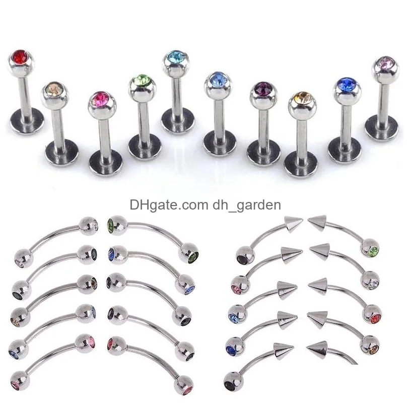 100pcs/lot 10 styles crystal rhinestone navel nose ring ear stud belly tongue lip body piercing plug tunnel jewelry whole