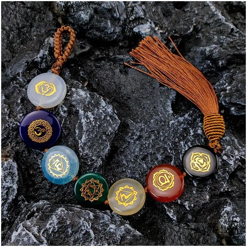 Natural Stone Agate Jade Yoga Seven Chakra Symbol Window Car Wall Hanging pendant Tassel Ornaments Home Decoration Meditation Decor