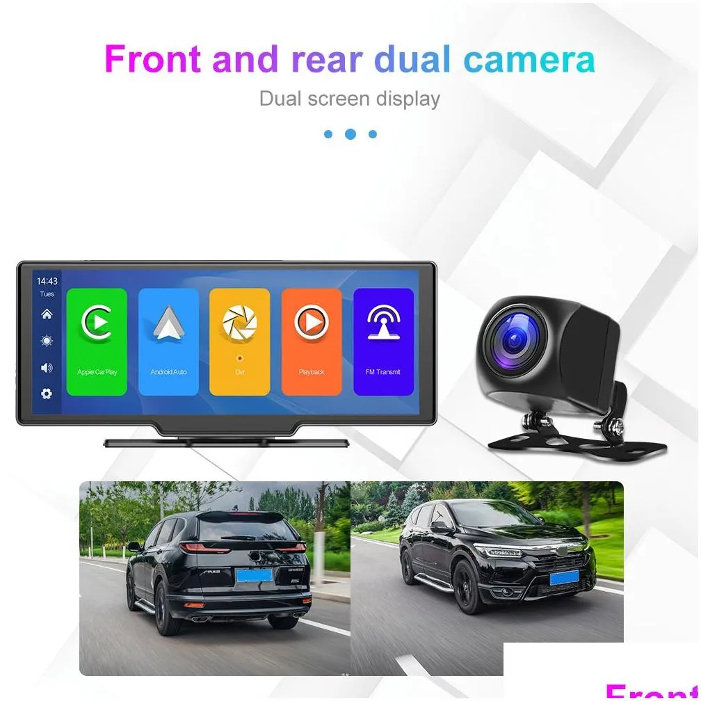 portable hd 9.3 inch car video auto monitor 64gb dvr wireless carplay navigation screen touch control display androidauto front and rearview camera for all