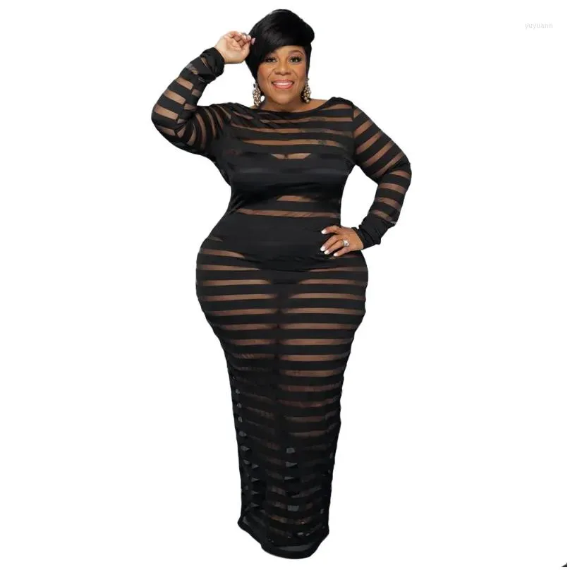 Plus Size Dresses KEXU Sheer Mesh Stripe Women Dress O-neck Full Sleeve Stretchy Skinny Long Maxi Sexy Club Party Vestidos