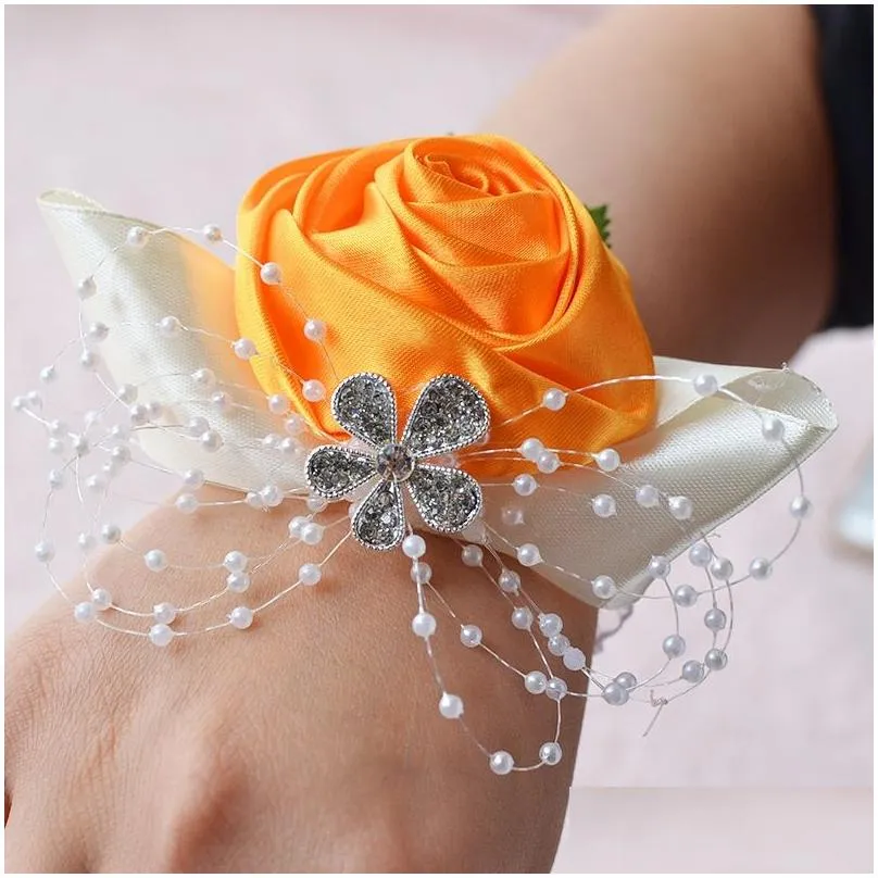 Rose Pearl Wrist Corsage Bridesmaid Hand Flowers Artificial Bride Flowers For Wedding Party Decoration Bridal Prom S6076