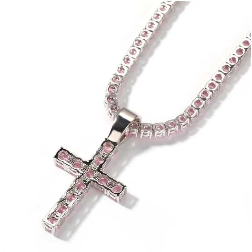 pink cubic zirconia cross pendant necklace with 4mm cz tennis chain fashion hiphop jewelry drop necklaces