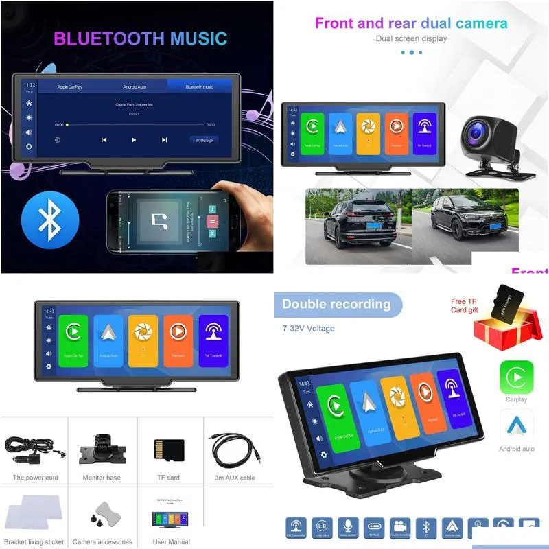 portable hd 9.3 inch car video auto monitor 64gb dvr wireless carplay navigation screen touch control display androidauto front and rearview camera for all
