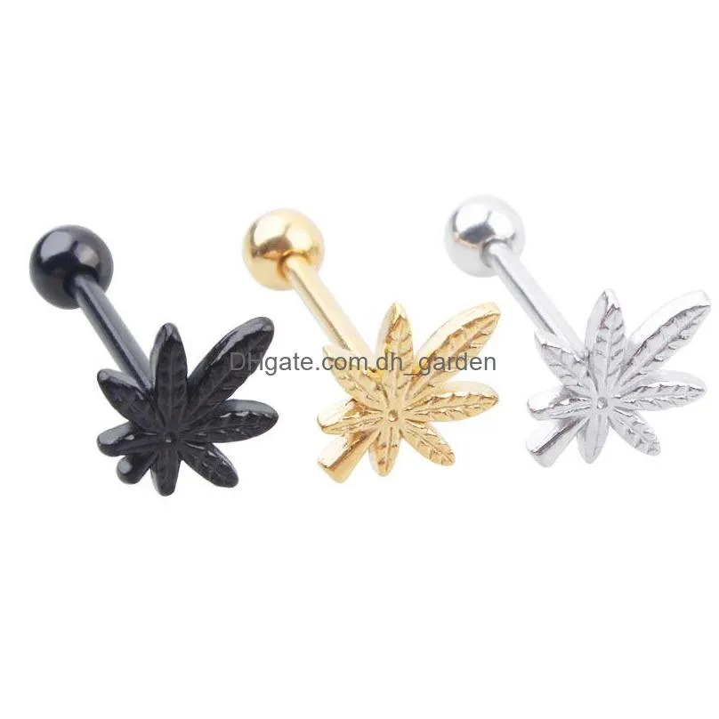 hengke leaf tongue bar stainless steel puncture jewelry tongue ring leaves nail steel black gold 14g body piercing